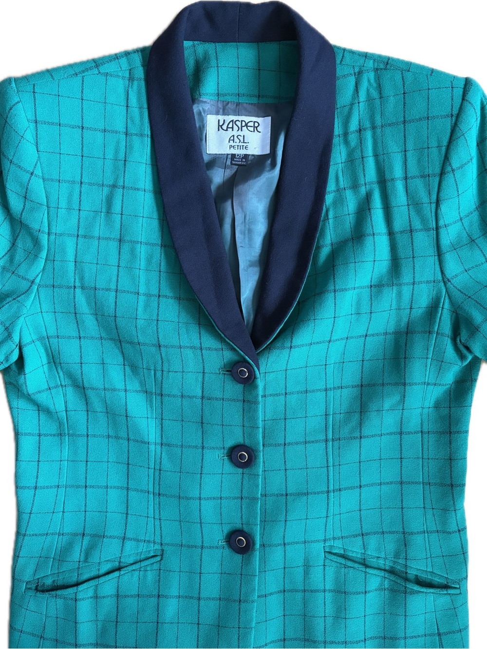 Vintage Kasper Green Plaid Blazer with Shawl Collar